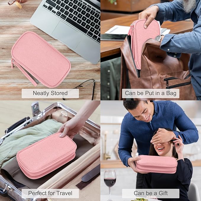 FYY Electronic Organizer, Electronic Accessories Carry Case Portable Waterproof Pouch Double Layers Storage Bag for Travel Cable, Cord, Charger, Phone, Earphone, Medium Size, Pink