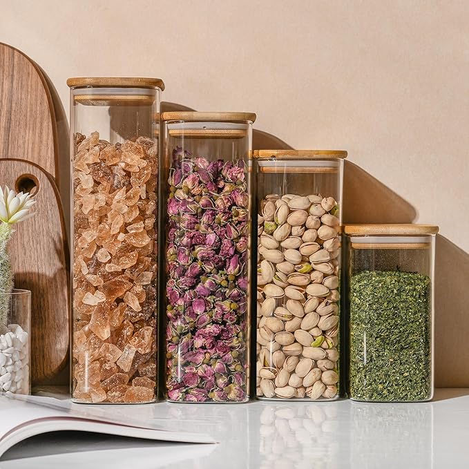 37oz Rectangle Airtight Glass Storage Containers with Bamboo Lids (Set of 4), Square Food Storage Jar, Pantry Organizers for Cereal, Nuts, Snacks and Coffee beans (with Black Label)