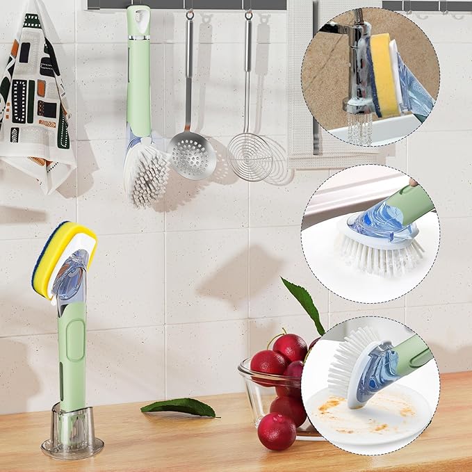 Dish Brush with Soap Dispenser Storage Set with 2 PCS Brush Refills & Holder, Dish Scrubber with Soap Dispenser, Dish Soap Brush, Dish Wand with Soap Dispenser for Dishes, Pans, Sink, Pots (Green)