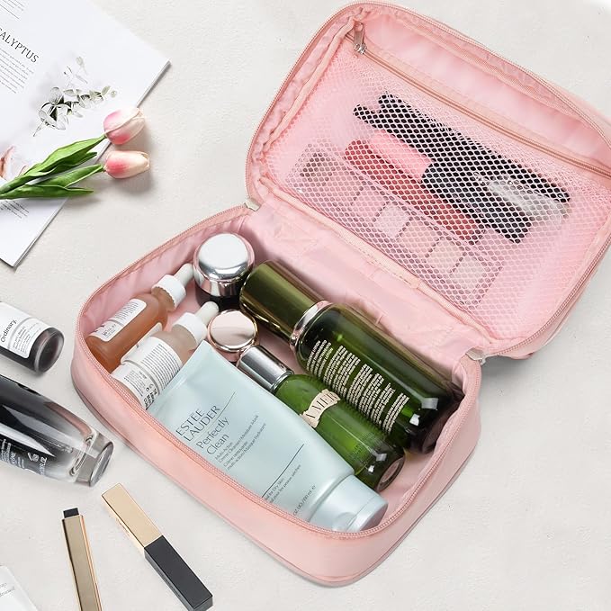 Travel Cosmetic Bag Women Portable Makeup Case Organizer Wide-open Toiletry Pouch for Cosmetics Toiletries (pink)