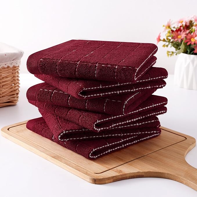 Homaxy 100% Cotton Terry Kitchen Dish Cloths, Ultra Soft and Absorbent Dish Towels for Kitchen, Suitable for Drying and Washing Dishes, 6 Pack, 12 x 12 Inches, Burgundy Red