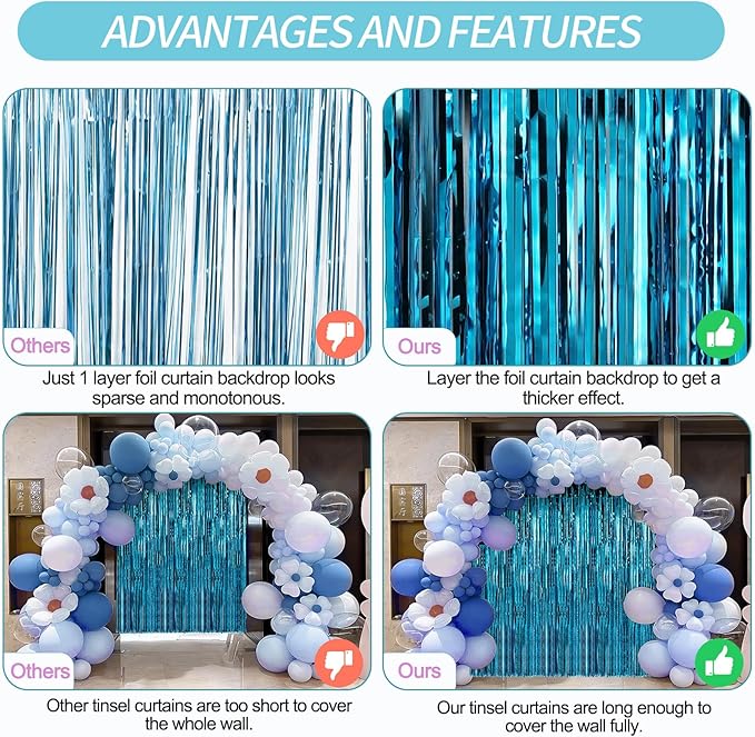 2 Pack Baby Blue Foil Fringe Curtains Door Streamers Party Decorations 3.3 x 8.2 ft, Tinsel Curtain Fringe Backdrop for Parties, Door Fringe Birthday Streamers, Photo Booth Backdrops, Party Decor