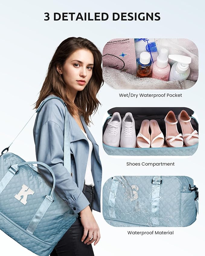 Personalized Girls Duffle Bag with Shoe Compartment, Personalized Weekender Overnight Bag, Monogram Letter Travel Bag with Makeup Bag, Birthday Gift For Women Girl (Letter L)