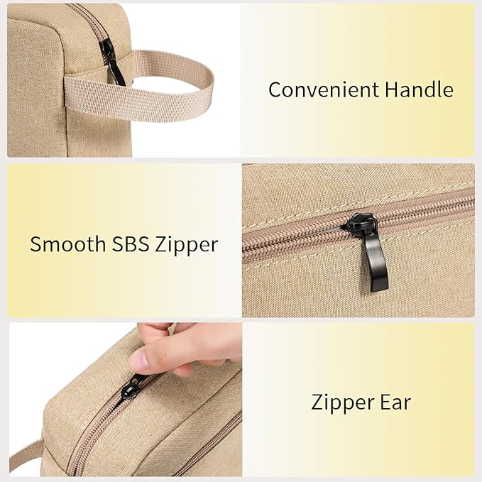 Travel Toiletry Bag, Small Cosmetic Bag, Hanging Water-Resistant Organizer for Men & Women, Ideal for Makeup, Shaving Kit, Gym Essentials & Travel Accessories (Khaki)