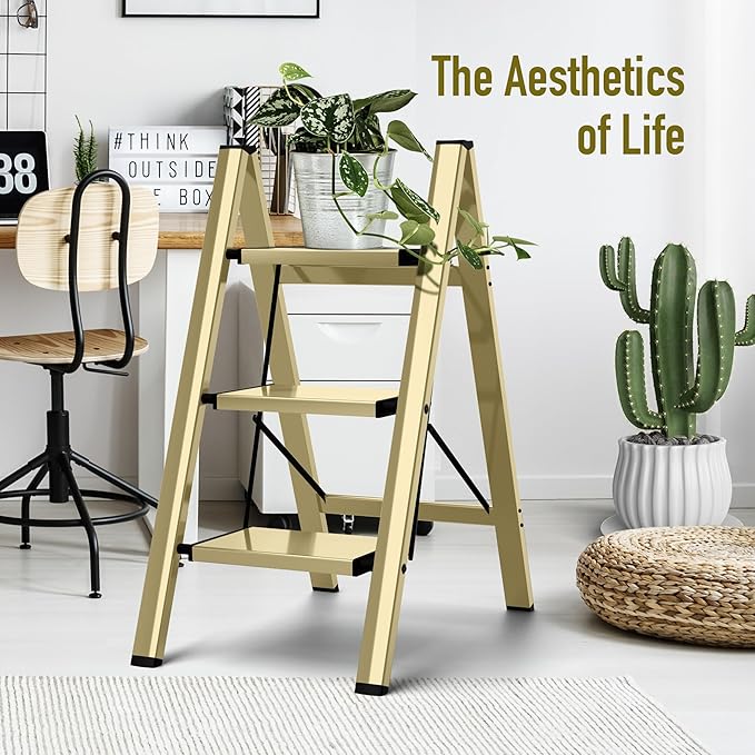 3 Step Ladder, Aluminum Folding Step Stool for Adults, Step Ladder with Wide Anti-Slip Pedal, 330 lbs Capacity for Home, Office, Kitchen, Library (Gold)