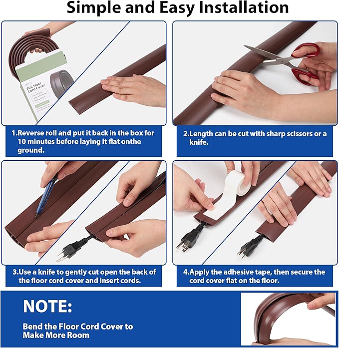 Cord Covers for Wires on Floor 6FT, LZEOY Cord Cover Floor, Wood Grey Floor Cable Management, Cable Protector Prevent Cable Trips Floor Cable Covers for Cords, Cable Cavity: 0.47" (W) x 0.24" (H)