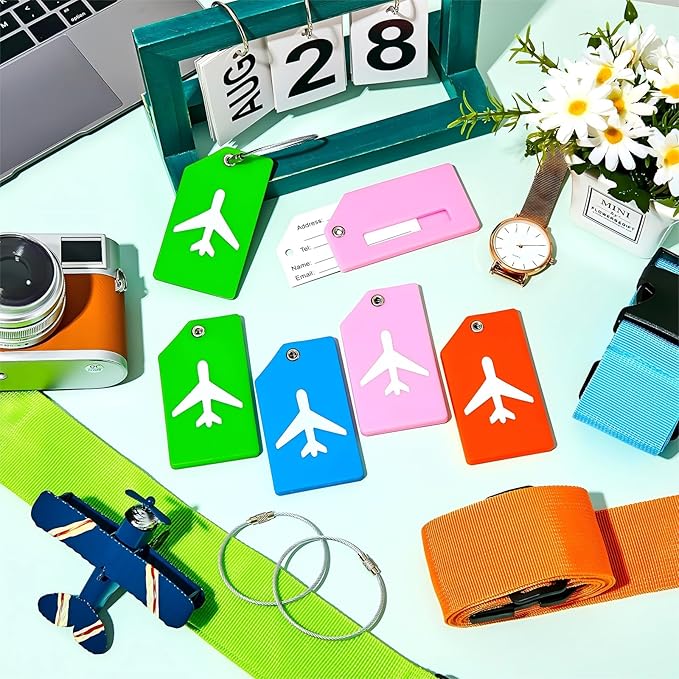 Weewooday 8 Pcs Luggage Straps Suitcase Tags Set for TSA Approved, 4 Travel Adjustable Suitcase Belt, 4 Silicone Luggage Tags with Name ID Card Travel Accessories(Blue, Pink, Green, Orange,Airplane)