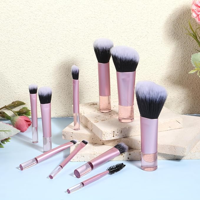 10 Pcs Mini Travel Makeup Brush Set With Pouch Pink Portable Travel Makeup Brushes Professional Cosmetic Brush Travel-Essentials kits for Women Girls Brushes Blush Powder Eye Shadow