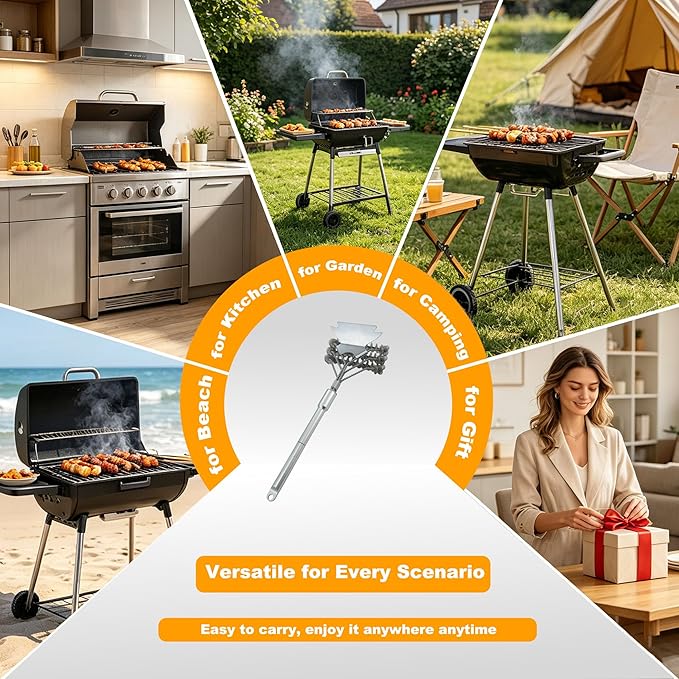 Grill Brush with Scraper - Stainless BBQ Grill Cleaning Brush for Gas/Charcoal Grill, Detachable Handle Grill Brush for Outdoor Grill, Camping & Backyard, Grill Accessories for BBQ Enthusiast
