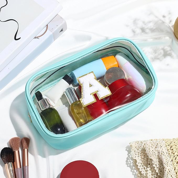 YOOLIFE Initial Make Up Bag Travel Toiletry Bag, Clear Makeup Bags Preppy Cosmetic Bags Organizer Travel Essentials Gifts for Women Teen Girlfriend Teacher Mom Birthday Girl Gift Makeup Case Blue M