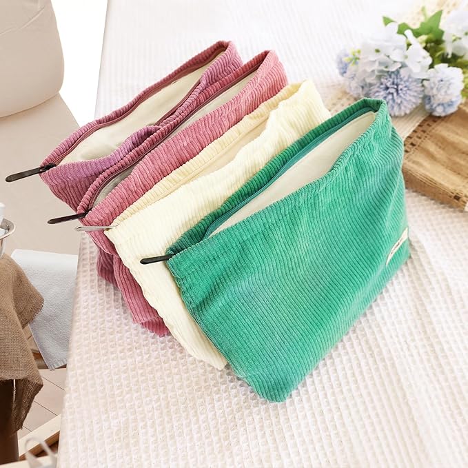 ZLFSQR Corduroy Makeup Bag for Women Small Corduroy Cosmetic Bag Large Cute Travel Makeup Pouch for Purse Flesh Pink Cloth Cosmetic Pouch Zipper Storage Organizer Canvas Toiletry Bags