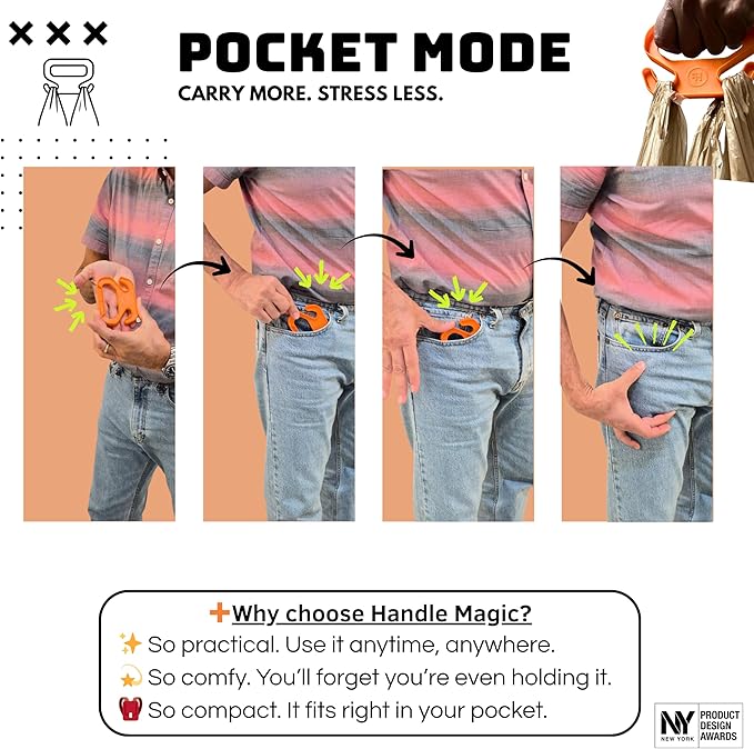Handle Magic (2 Units) Bag Carriers | Ergonomic Grip and Bag Holder | Pocket Size | Lightweight & Comfortable for Shopping & Travel - Made in USA (Yellow)