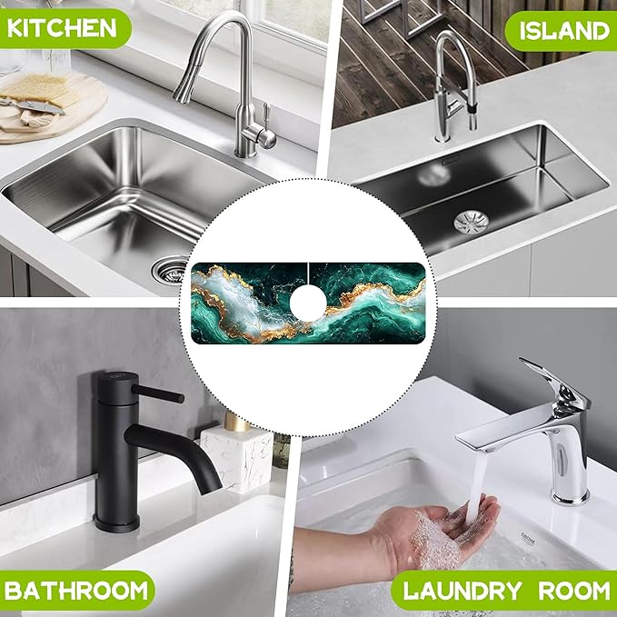 Kitchen Sink Splash Guard Faucet Mat Super Absorbent Fast Drying Mat Guard Behind Faucet Drip Catcher for Kitchen Bathroom (Emerald and Gold Marble Texture, 23.5"X5.5")