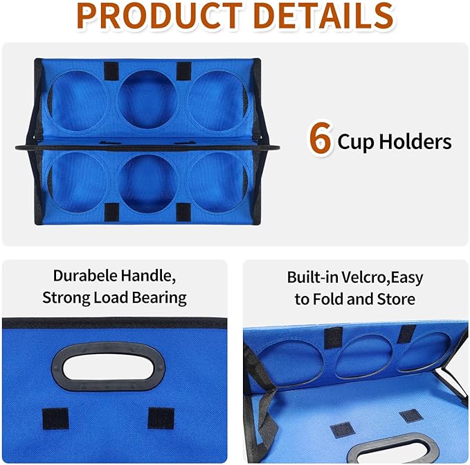 Drink Caddy, Portable 6-Cup Drink Carrier with Handle - Reusable & Foldable Cup Holder for Coffee, Wine, Cocktails | Secures Hot & Cold Beverages for Delivery, Takeout, Catering & Parties (Blue)