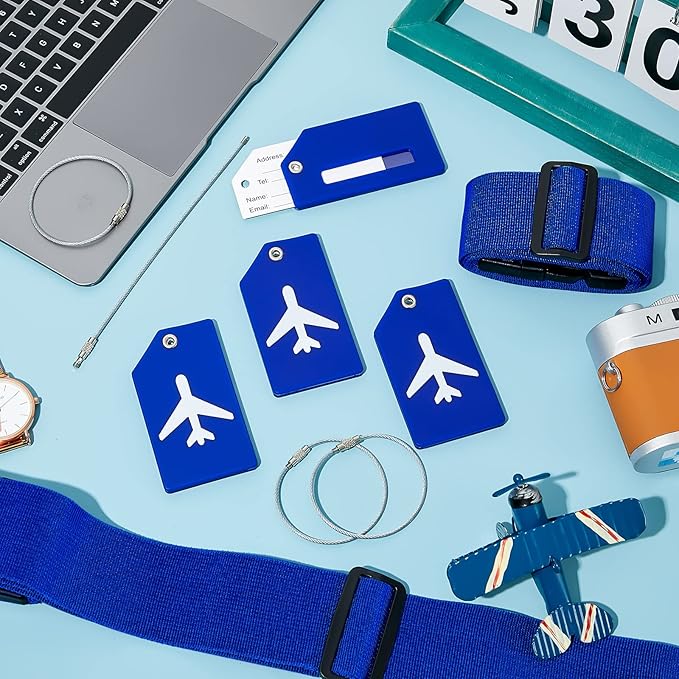 Weewooday 8 Pcs Luggage Straps Suitcase Tags Set for TSA Approved, 4 Travel Adjustable Suitcase Belt, 4 Silicone Luggage Tags with Name ID Card Travel Accessories(Ultramarine,Airplane)