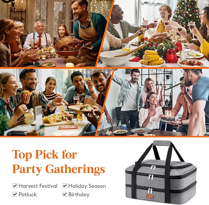 Lifewit Double Decker Casserole Carrier for Hot and Cold Food, Insulated Casserole Dish Carrier Carrying Case with Tool Room, Thermal Bag for Potluck Parties Cookouts Fits 9"×13" Baking Dish, Gray