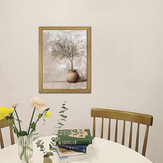 Wood Framed Olive Tree Canvas Wall Art, Room Aesthetic Oil Painting, Rustic Vintage Potted Plant Wall Decor, Neutral Botanical Artwork for Living Room Kitchen Dining Room Farmhouse Home Decor 16x24 in