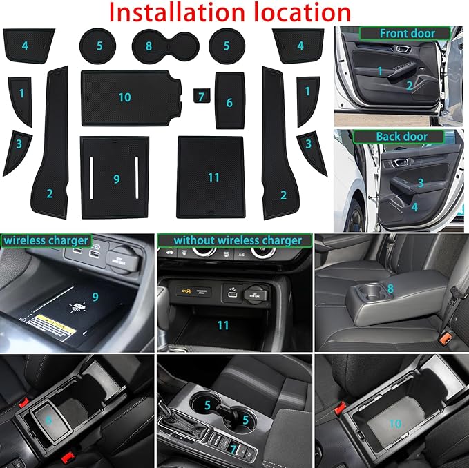 Center Console Liner for Honda Civic 11th Gen Sedan Accessories 2022-2024 2025 2026, Cup Holder Mat, Coaster Trim, Door Slot Pad, Non-Slip Interior, Custom Rubber Decoration Insert (16pcs Black)