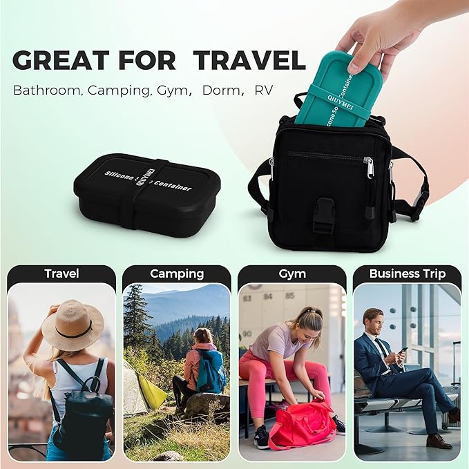 Silicone Soap Holder, Enhanced Leak-Proof Travel Soap Case with Draining Layer,Portable Bar Soap Holder, Travel Soap Container with Soap Bag, Soap Dishes for Bathroom/Camping/Gym (Black)