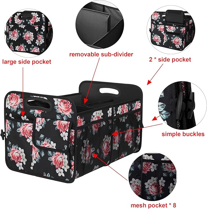 Femuar Car Trunk Organizer, Car Storage Organizer with 72L Large Capacity, Waterproof, Collapsible, and 11 Pockets, Trunk Organizer for Car SUV/Jeep/Sedan, Large Size, Flower