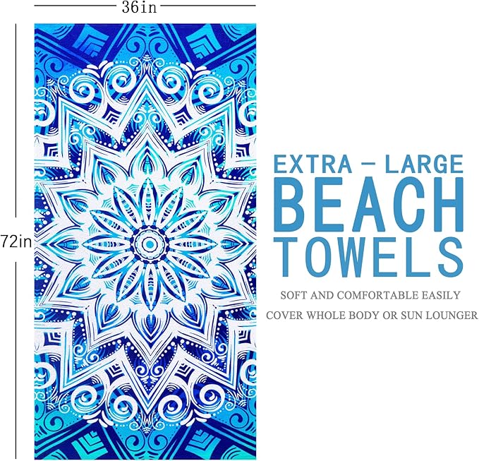 2 Packs Oversized Beach Towel Set Extra Large Big XL Pool Camping Swim Clearance Towels 36x72 Soft Blanket Cruise Essentials Accessories Must Haves Vacation Necessities Adult Blue Flower Stripe