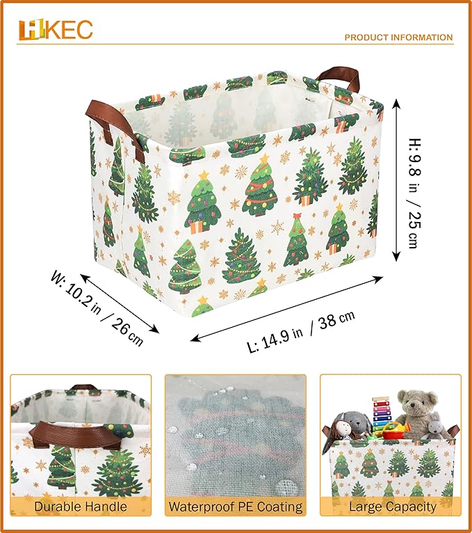 Rectangle Christmas Basket,Candy Storage Basket with Handles,Kids Gift Storage Box,Cute Canvas Organizer Bin for Pet,Books Basket,Toys Bin,Gift Baskets(Christmas Tree)