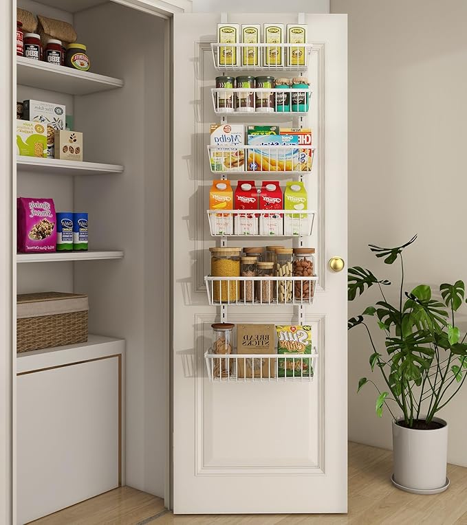 12 Inch Wide Narrow Over The Door Pantry Organizer, Pantry Organization and Storage, 6-Tier Metal Hanging Deep Basket Wall Spice Rack Seasoning Shelves, Home & Kitchen Essentials, White