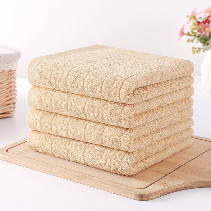 Homaxy 100% Cotton Terry Kitchen Towels(Apricot, 13 x 28 inches), Checkered Designed, Soft and Super Absorbent Dish Towels, 4 Pack