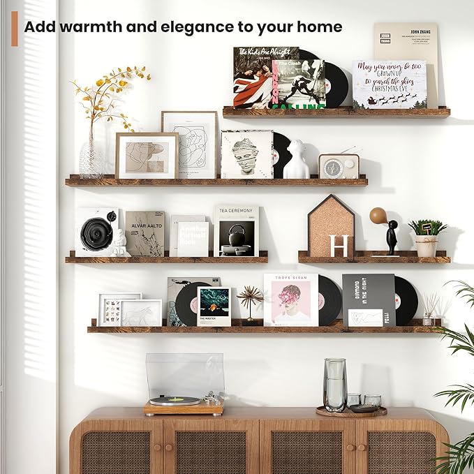 Fun Memories Picture Ledge Shelves Set of 2, 55 Inch Rustic Wall Mounted Floating Shelves with Lip for Home Storage and Decor in Bathroom, Kitchen, Nursery, Bedroom, Living Room, Brown