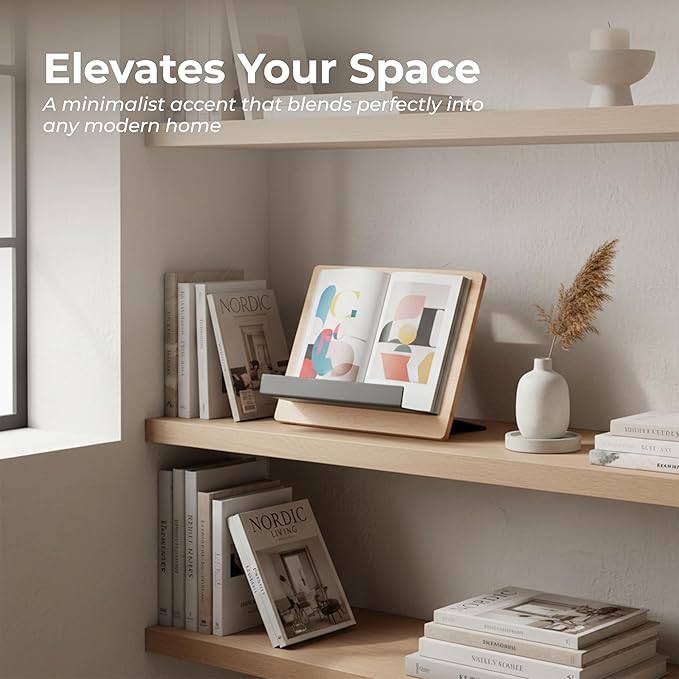 Wooden Book Stand for Reading & Kitchen – Adjustable Cookbook Holder Stand – Rubberwood & Metal Recipe Book Holder – Tablet & Smartphone Stand – Minimal Scandinavian Design - Black