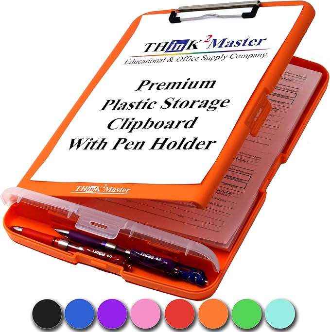 Think2Master Orange Plastic Storage Clipboard with Pencil Holder. | 25% Heavier & 25% Sturdier| Heavy Duty. Must Have for Nurses, Teachers & Classrooms.