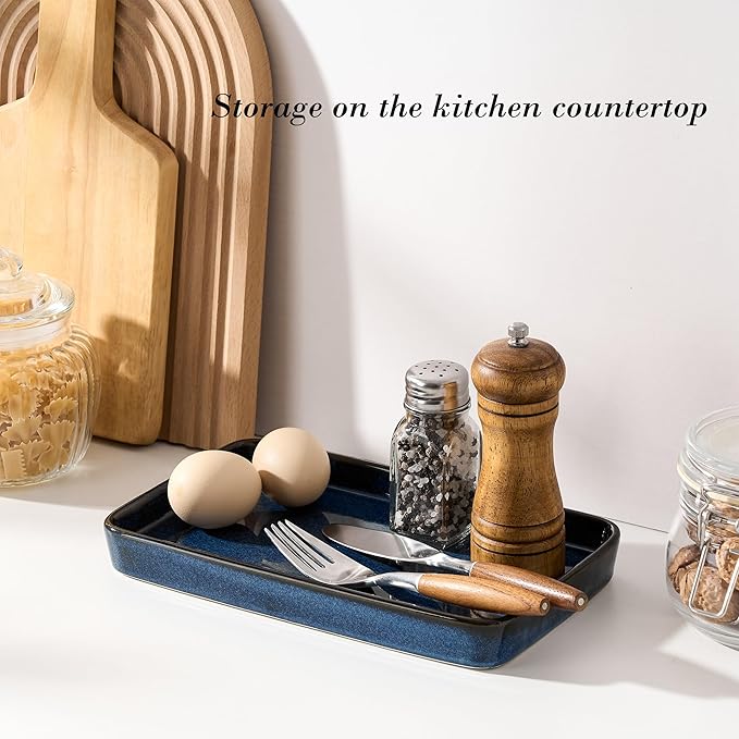 10"×6"×1" Bathroom Vanity Tray for Countertop- Ceramic Decorative Organizer Tray for Dresser Tops, Toilet, Perfume, Sponge Holder Soap Dish Dispenser for Kitchen Counter- Kiln-Transformed Blue