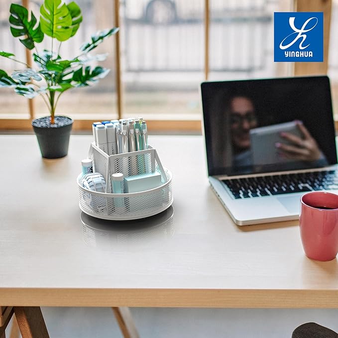 YINGHUA Metal Mesh Desk Organizer with 5 Compartments and Rotating Pencil Holder Pen and Stationery Organizer for Office Home School Anti Slip Base White
