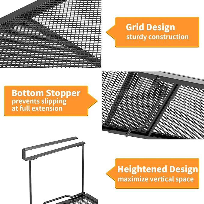 1 Pack Expandable Under Cabinet Shelf, Under Shelf Basket with 0.94 Inches Thick Clips for Kitchen Cupboard, Metal Hanging Under Desk Basket for Laundry Room, Cabinet, Shoe Rack