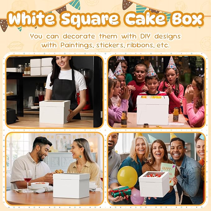 7 Pack Cake Boxes, 10x10x8 Inches Tall Cake Box with Window, White Cake Boxes with Cake Boards, Square Bakery Box, for Cake, Treat Cookie Dessert, Pastry, Birthday Party, Mother's Day, Weddings
