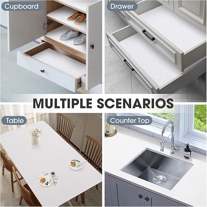 Drawer and Shelf Liner, Non-Slip Kitchen Cabinet Liners Non-Adhesive Thick Strong Grip Waterproof Washable Mats Protect Dresser Shelves Cupboard Bathroom Cabinets, White, 24 in X 10 FT