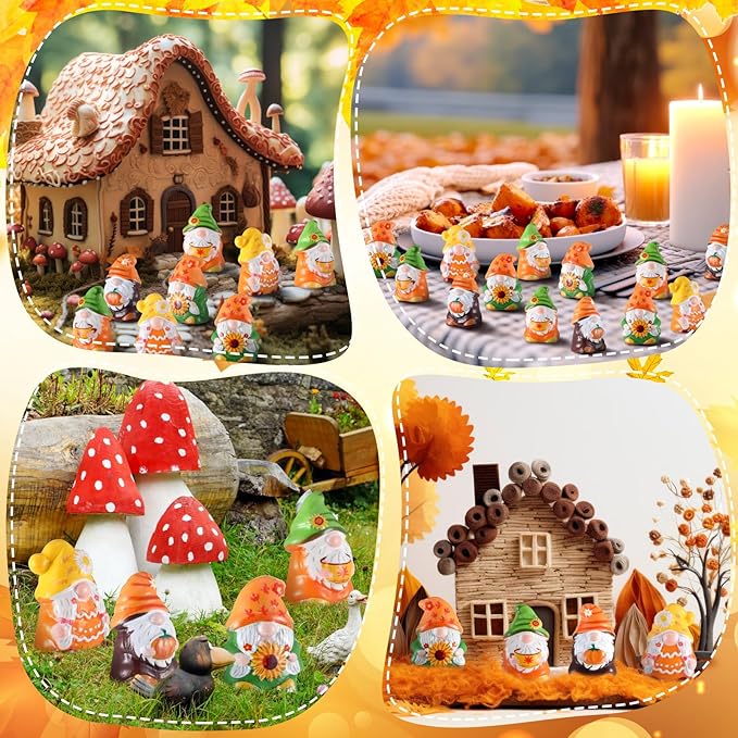 Yaomiao 60 Pcs Fall Thanksgiving Mini Resin Gnomes Figures Resin Mini Statues Maple Leaves Pumpkin Snowflake Gnomes Table Decor for Winter Fall Christmas Festive Home Kitchen Tiered Tray