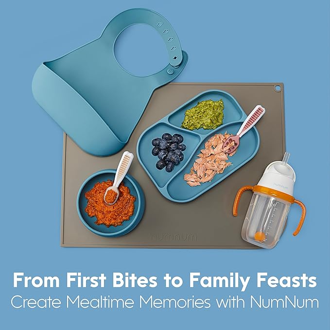 NumNum Baby Spoons Set, Baby Essentials Pre-Spoon GOOtensils for 6+ Months, First Stage Self-Feeding Spoons for Baby Led Weaning (BLW), Silicone Toddler Utensils, BPA-Free, 2 Pack Olive/Newbury Navy