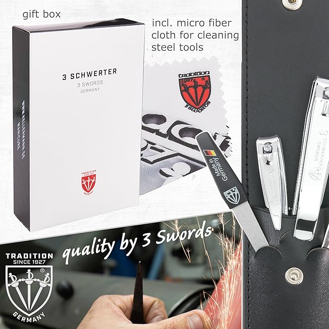 3 Swords Germany - Brand Quality 4 Piece Manicure Pedicure Grooming kit Set for Professional Finger & Toe Nail Care Tweezers File Clipper Fashion Leather case in Gift Box, Made by 3 Swords (77211)