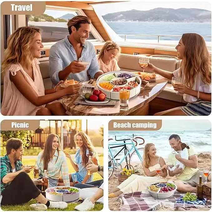 Divided Serving Tray with Lid and Handle,Portable Divided Snackle Box Container 6 Compartments,Clear Lazy Susan Organizer and Fridge Storage Container for Candy,Nuts,Fruits,Snacks and Veggie