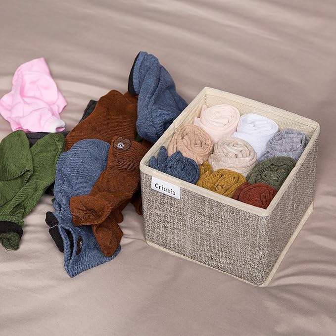 Criusia Underwear Drawer Organizer, 6 Set Foldable Underwear Drawer Organizer and Closet Dividers,Storage Box for Clothes, Socks, Underwear (6 Bins, Beige)