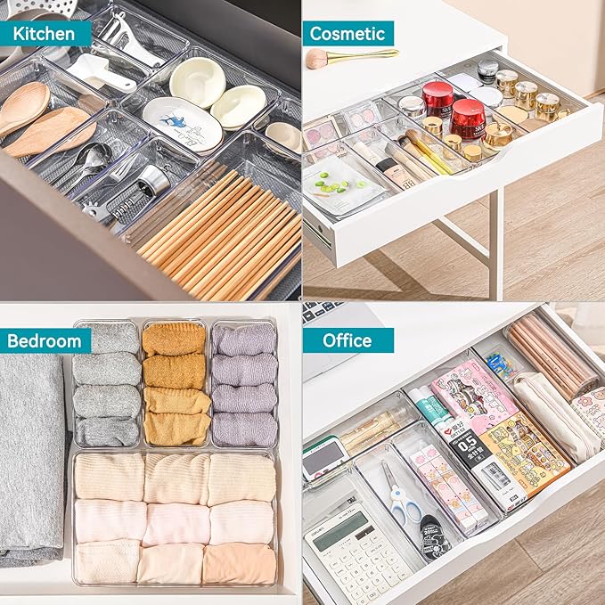 Voova 8 Pack Plastic Drawer Organizers Set,3-Size Kitchen and Office Desk Drawer Organizer Trays,Acrylic Non Slip Storage Bin Divider for Makeup, Jewelry,Gadgets Utensils,Bedroom,Bathroom Vanity,Clear