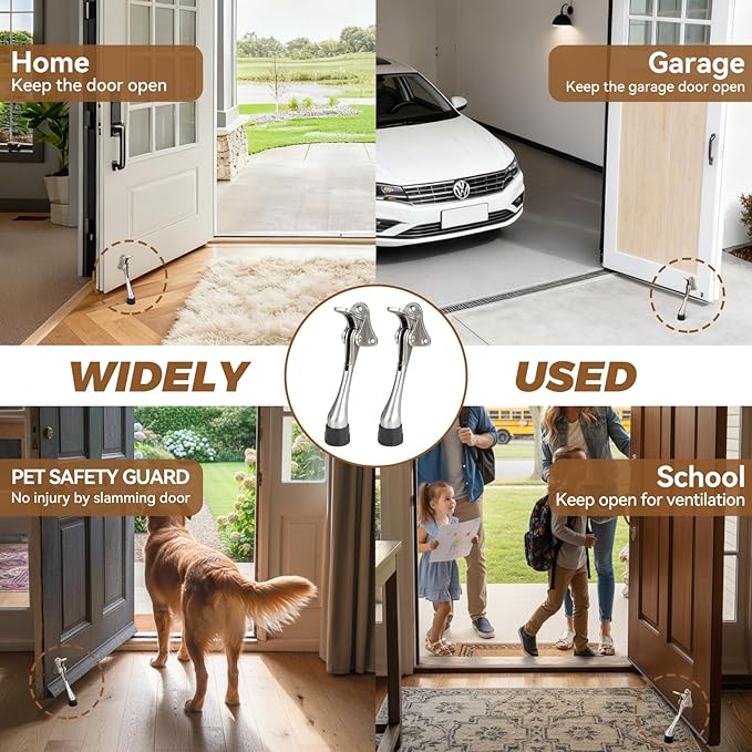 Kickdown Door Stopper 5Inches - 2 Packs One Touch Adjustable Height Door Stop for The Bottom of Door The Bottom of Door Aluminum Alloy Metal Door Stopper with Rubber Tip Silver