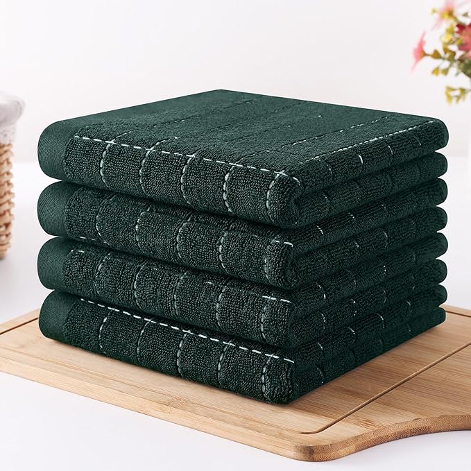 Homaxy 100% Cotton Terry Kitchen Towels(Blackish Green, 13 x 28 inches), Checkered Designed, Soft and Super Absorbent Dish Towels, 6 Pack
