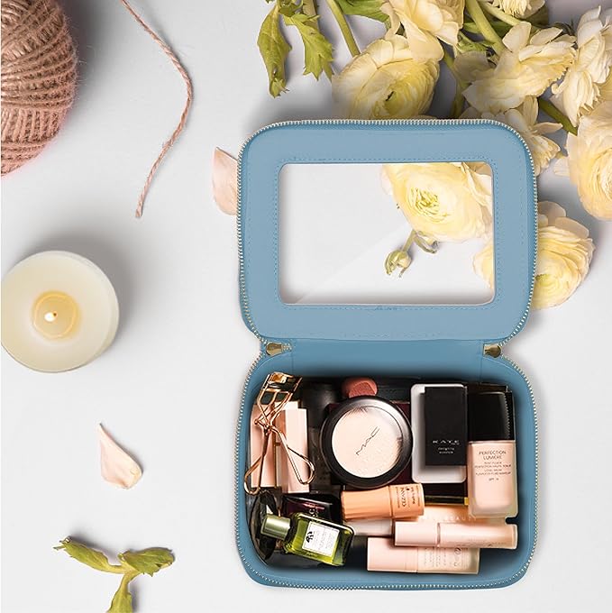 Prite Clear Makeup Bag Cosmetic Organizer Case Waterproof Travel Toiletry Bag Skincare Pouch with Golden Zipper (Blue)