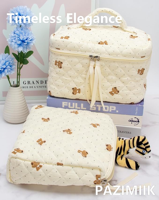 PAZIMIIK Quilted Makeup Bag Large Travel Zipper Soft Cosmetic Pouch for Women Girls Make Up, Gauze Bear