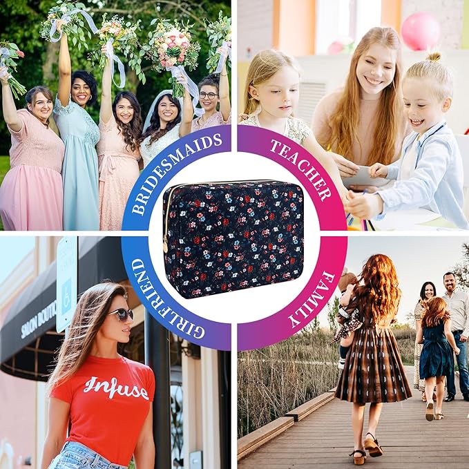 Waterproof Nylon Large Makeup Bag Travel Pouch, Floral Preppy Big Cosmetic Bag Make Up Organizer Toiletry Bag with Zipper, Large Capacity Cute Zipper Pouch Storage Bag for Women Girls(Black Rose)