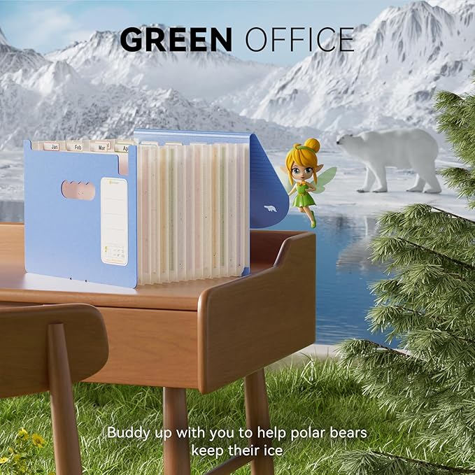 13-Pocket Accordion File Organizer, Wheat Straw Expanding File Folder with Polar Bear Cut-Out, Portable Monthly Paper Bill Tax Receipt Organizer, Letter A4 Size - UN Blue Polar Bear