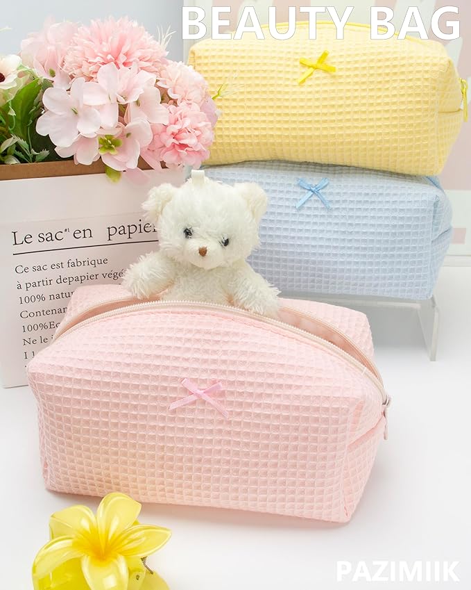 Cozy Makeup Bag Travel Cosmetic Bag for Women Soft Toiletry Bag Aesthetic Makeup Organizer Portable Large Zipper Pouch for Skincare Beauty Accessories Brushes Waffle Check Light Pink