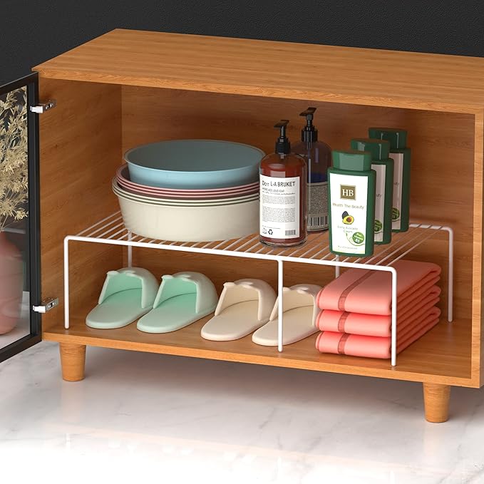 Kitchen Cabinet Expandable Shelf Organizers Set of 2, Adjustable Metal Wire Pantry Storage Shelves, Plate Dish Organizer Rack for Cabinets, Cupboard, Counter, Freezer, Countertop, White